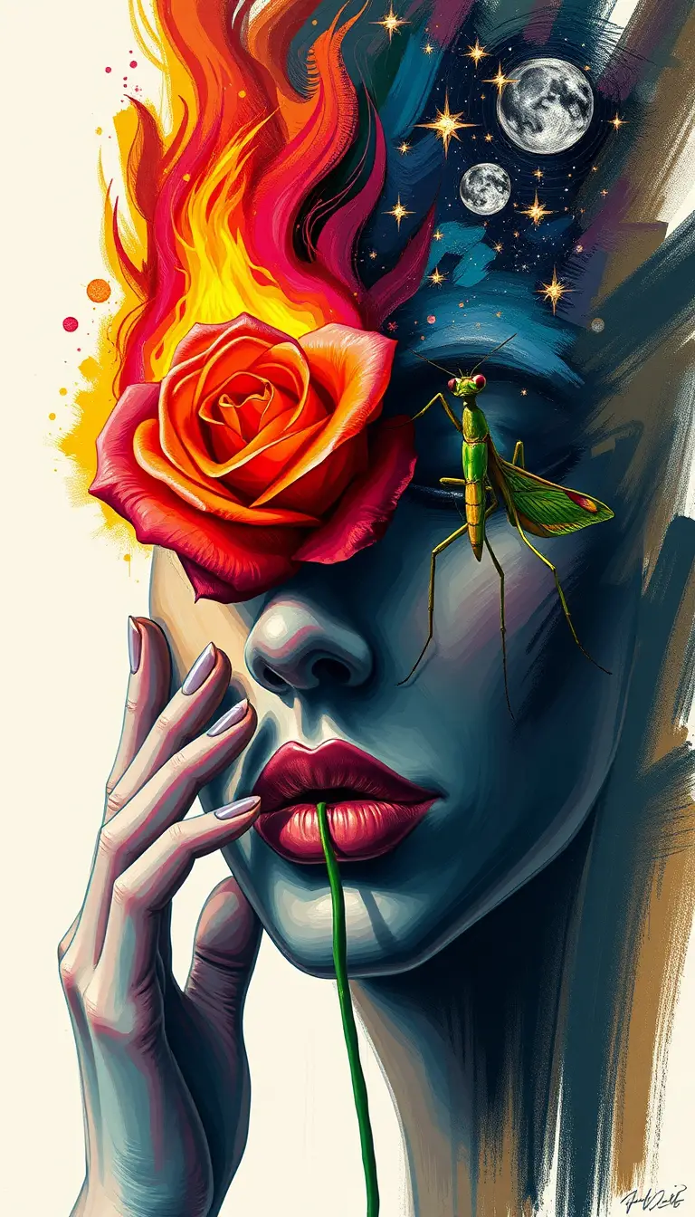 Surreal colorful face built from hands rose and mantis