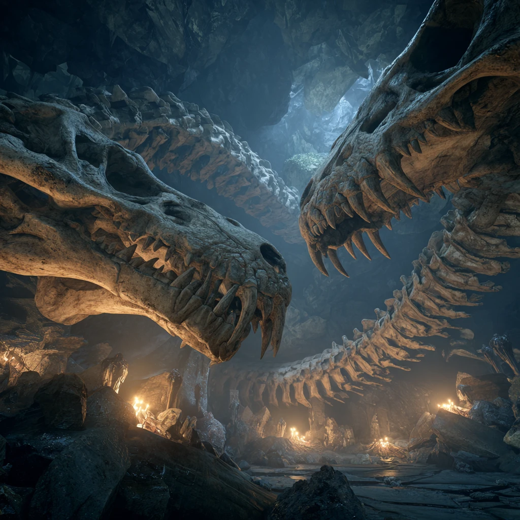 Giant cobra skeletons entwined in a glowing cavern