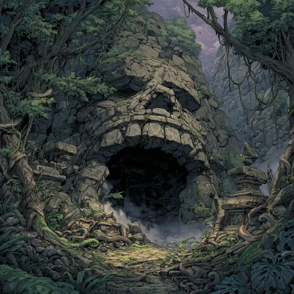Ominous Jungle Cave Entrance With Stone Jaws And Snakes