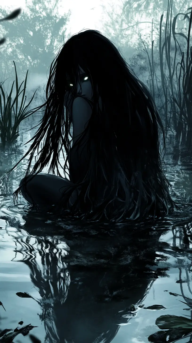 Mystical woman with glowing eyes in a night marsh