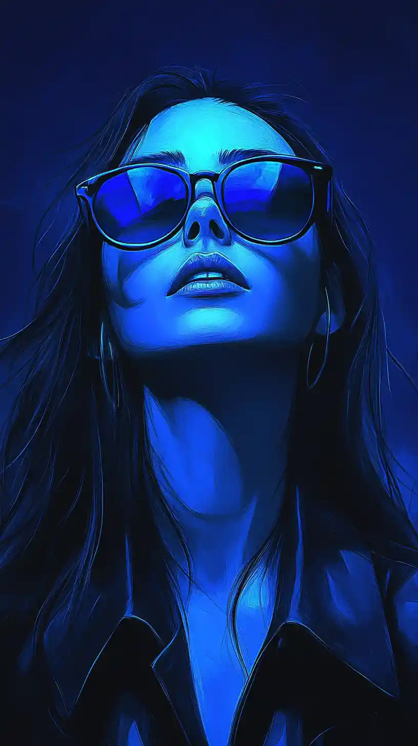 Femme stylée en lumière bleue portant des lunettes de soleil et un trench