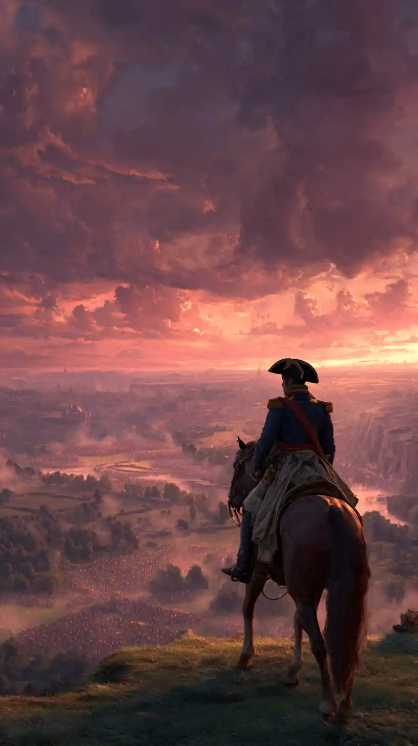 Napoleon on horseback overlooking a dramatic sunset battlefield