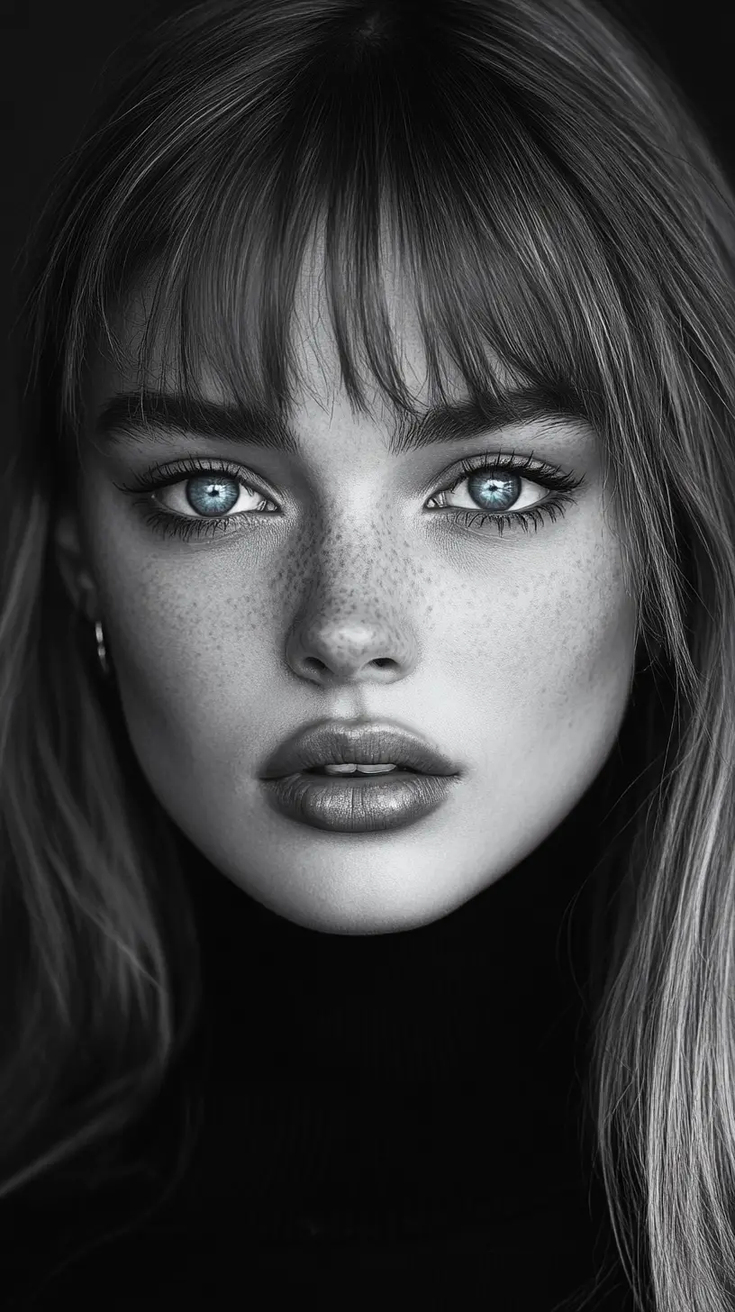 Monochrome portrait of a young woman with vivid blue eyes