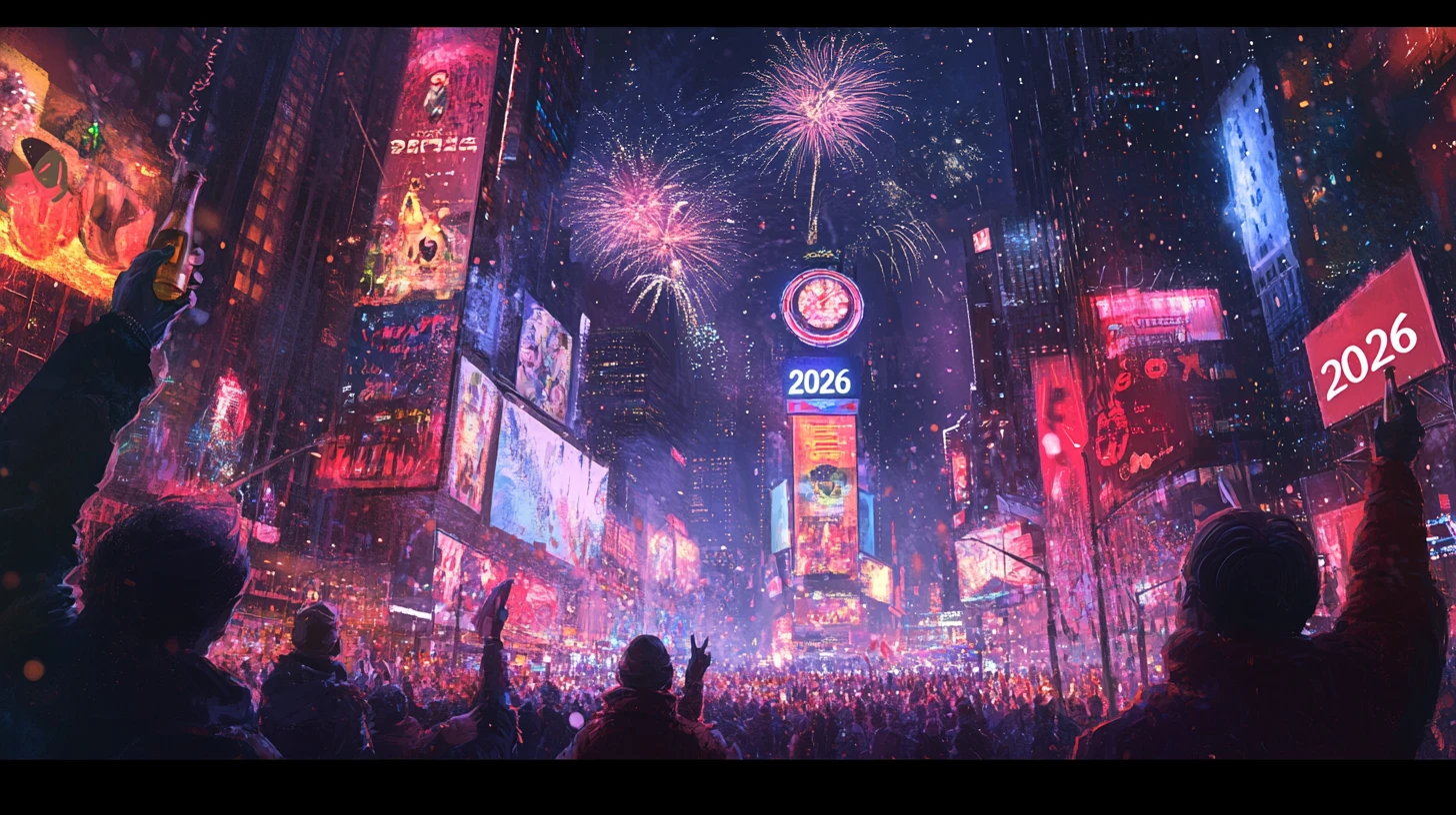 Skyline cittadino a mezzanotte con fuochi d’artificio di Capodanno