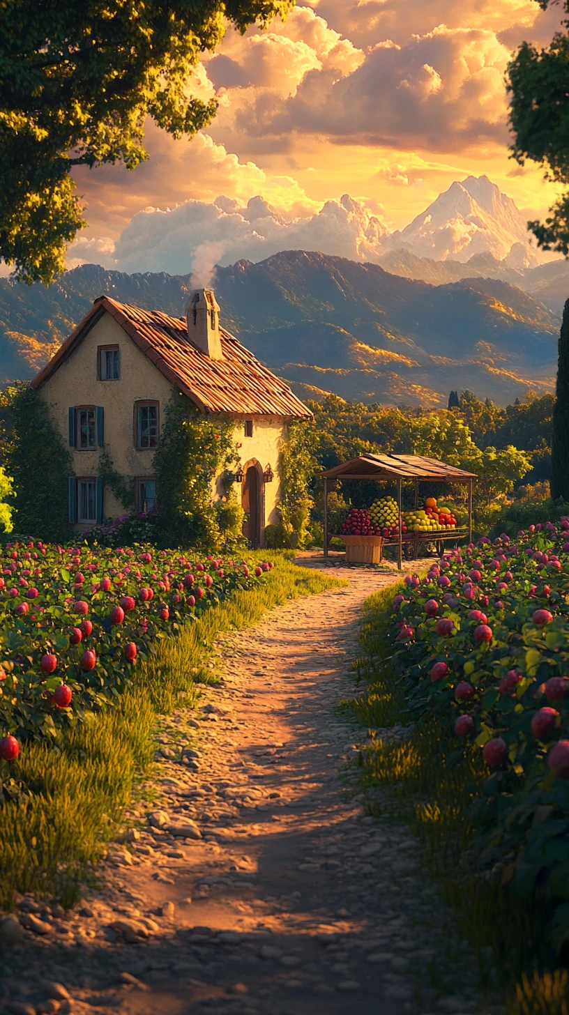 Cottage de campagne enchanté avec étal de fruits au coucher du soleil