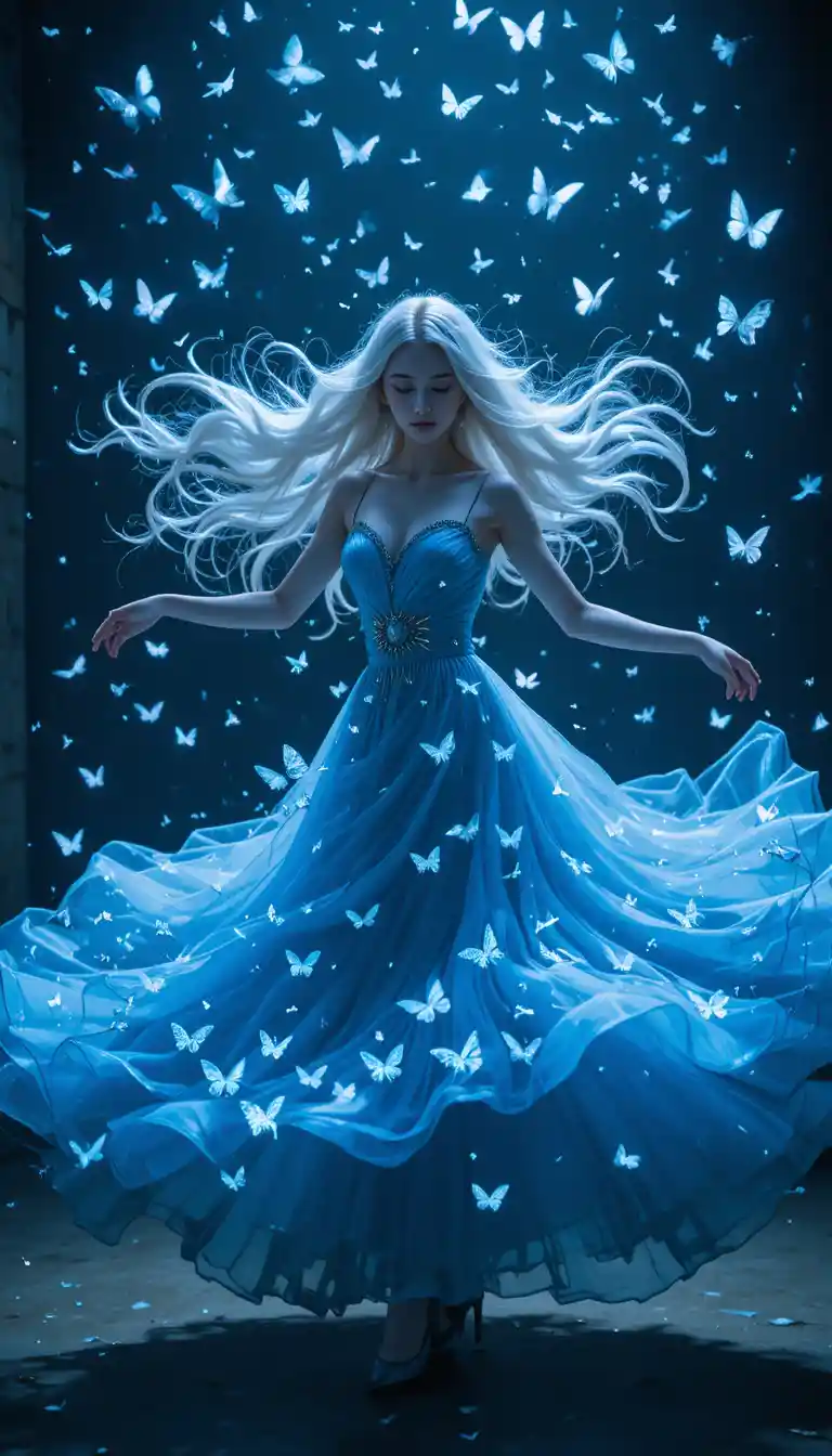 Bailarina graciosa de vestido azul entre borboletas brilhantes