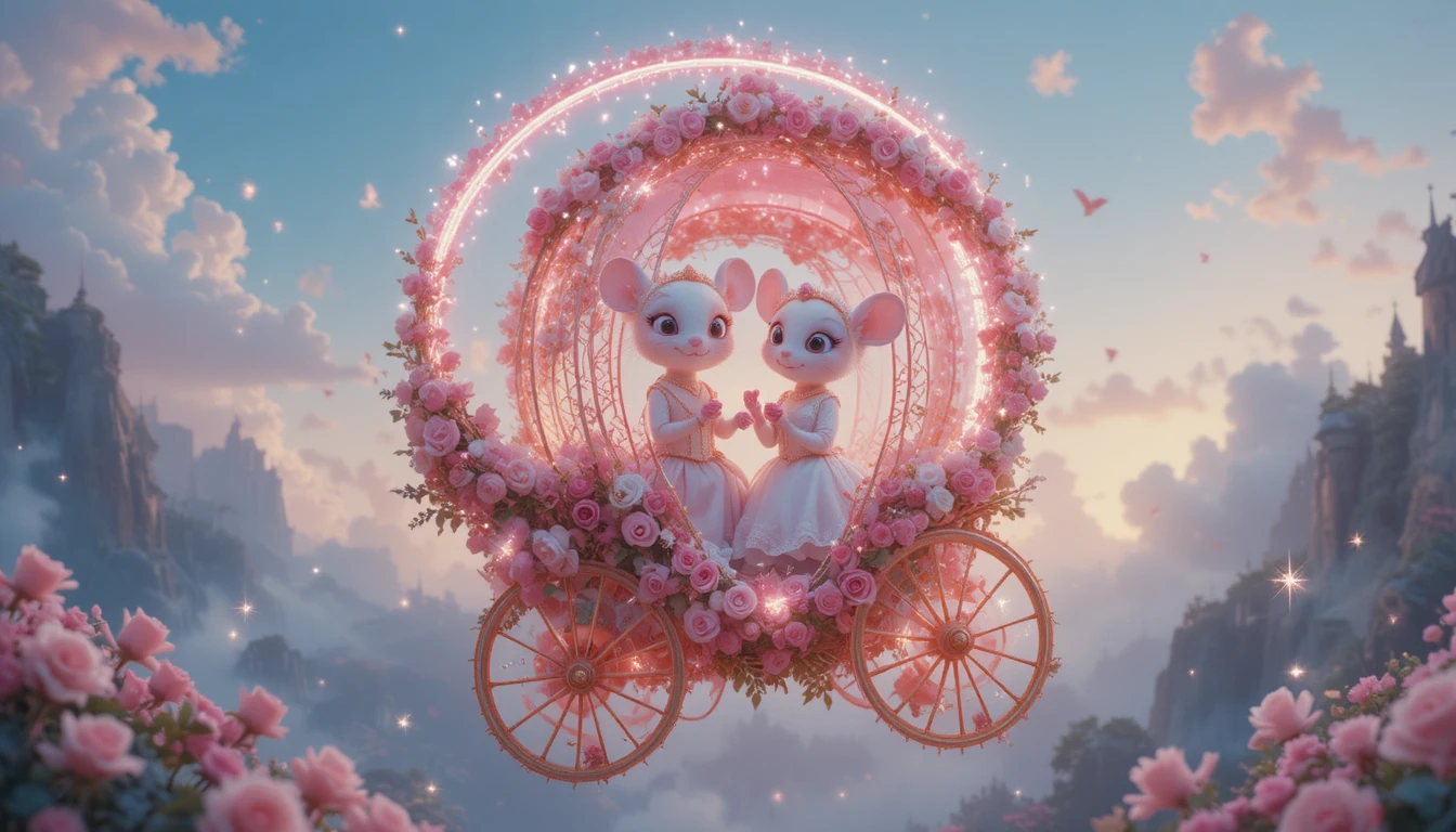 Due topolini bianchi in una magica carrozza nuziale ricoperta di rose