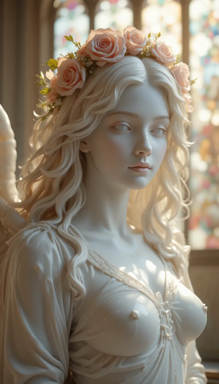 Ethereal Marble Angel Statue With Floral Crown In Sunlight