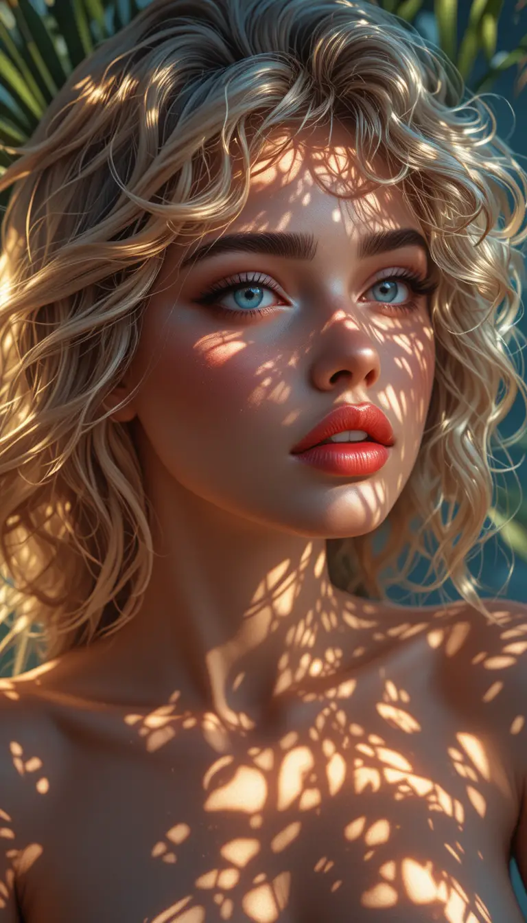 Retrato de mujer rubia bajo luz solar tropical salpicada