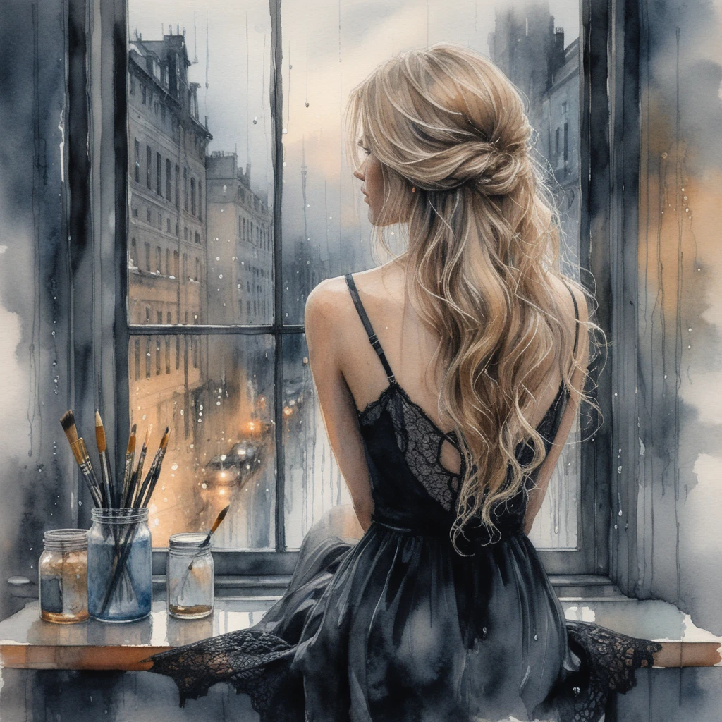 Watercolor woman in black lace by rainy city window