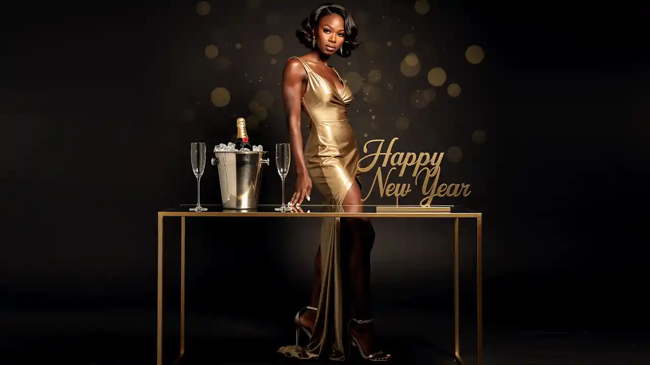 Elegant woman in gold gown with champagne on table