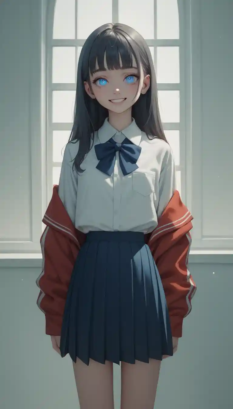 Close up of happy anime schoolgirl in classroom