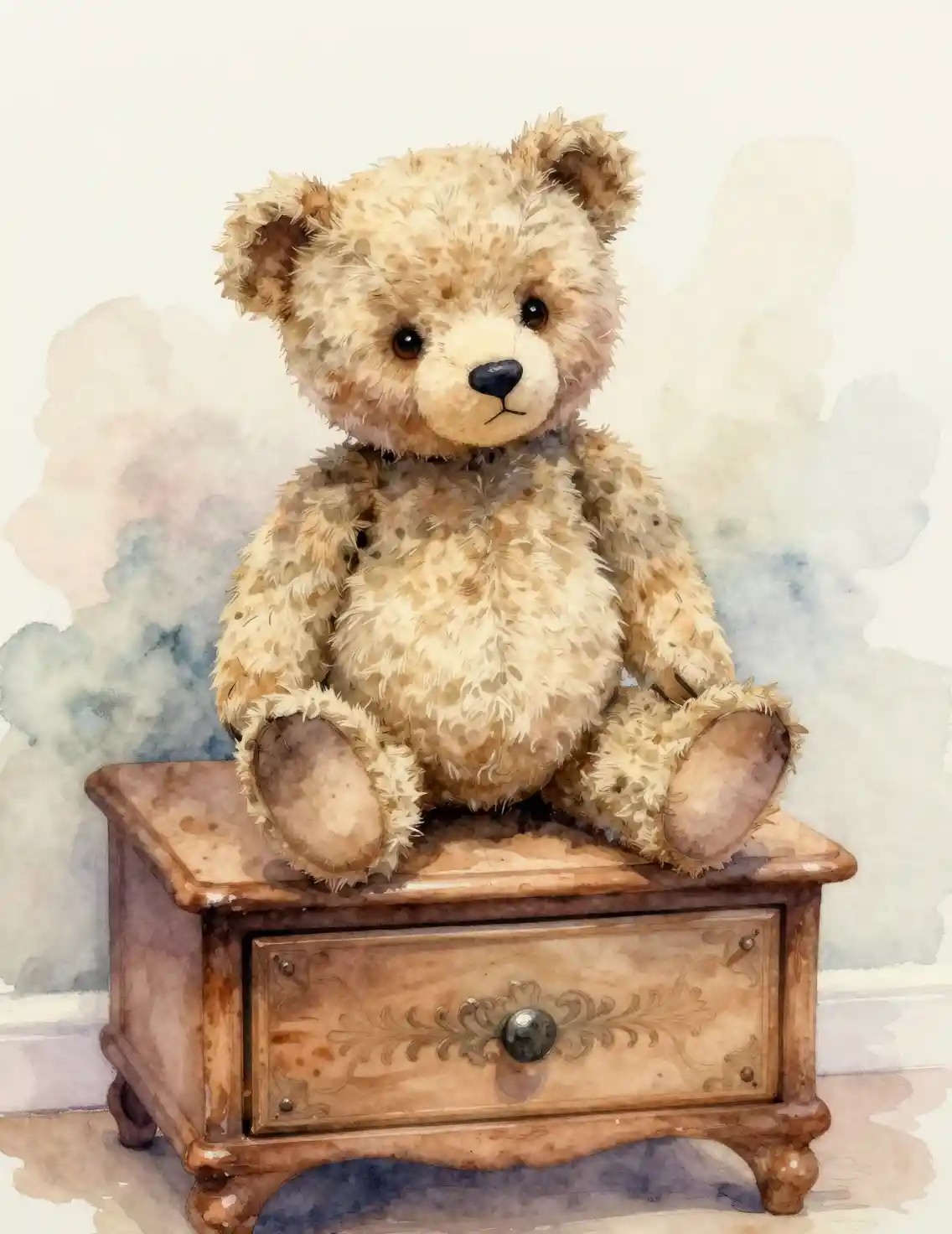 Ourson en aquarelle sur commode en bois vintage