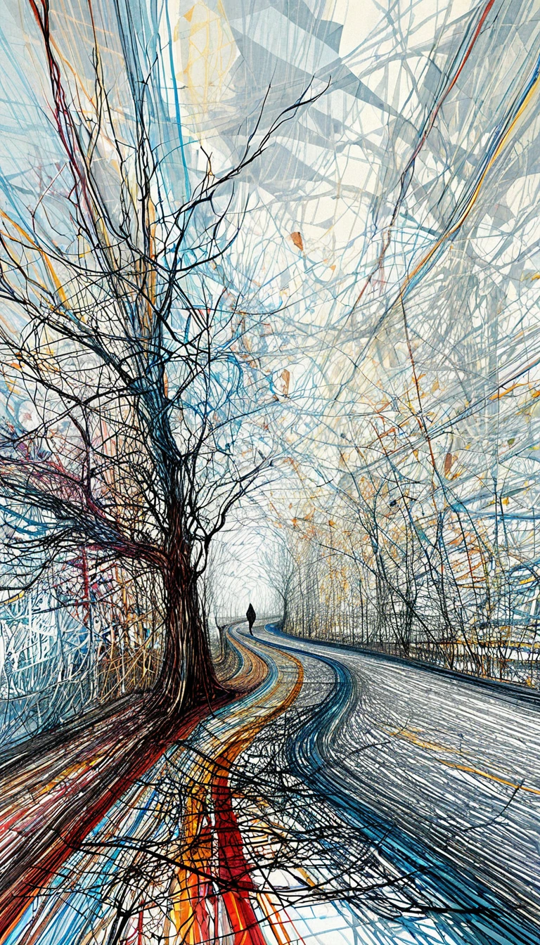 Abstrakter Baum in Line-Art und gewundener Pfad mit einsamer Figur