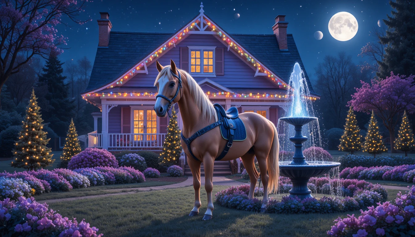 Grande cavalo marrom em um aconchegante jardim da frente à noite