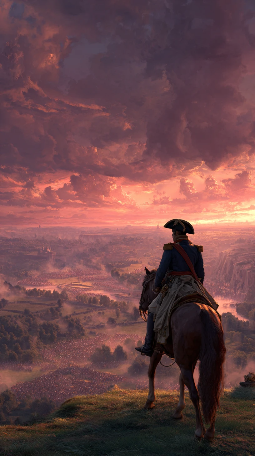 Napoleon on horseback overlooking a dramatic sunset battlefield