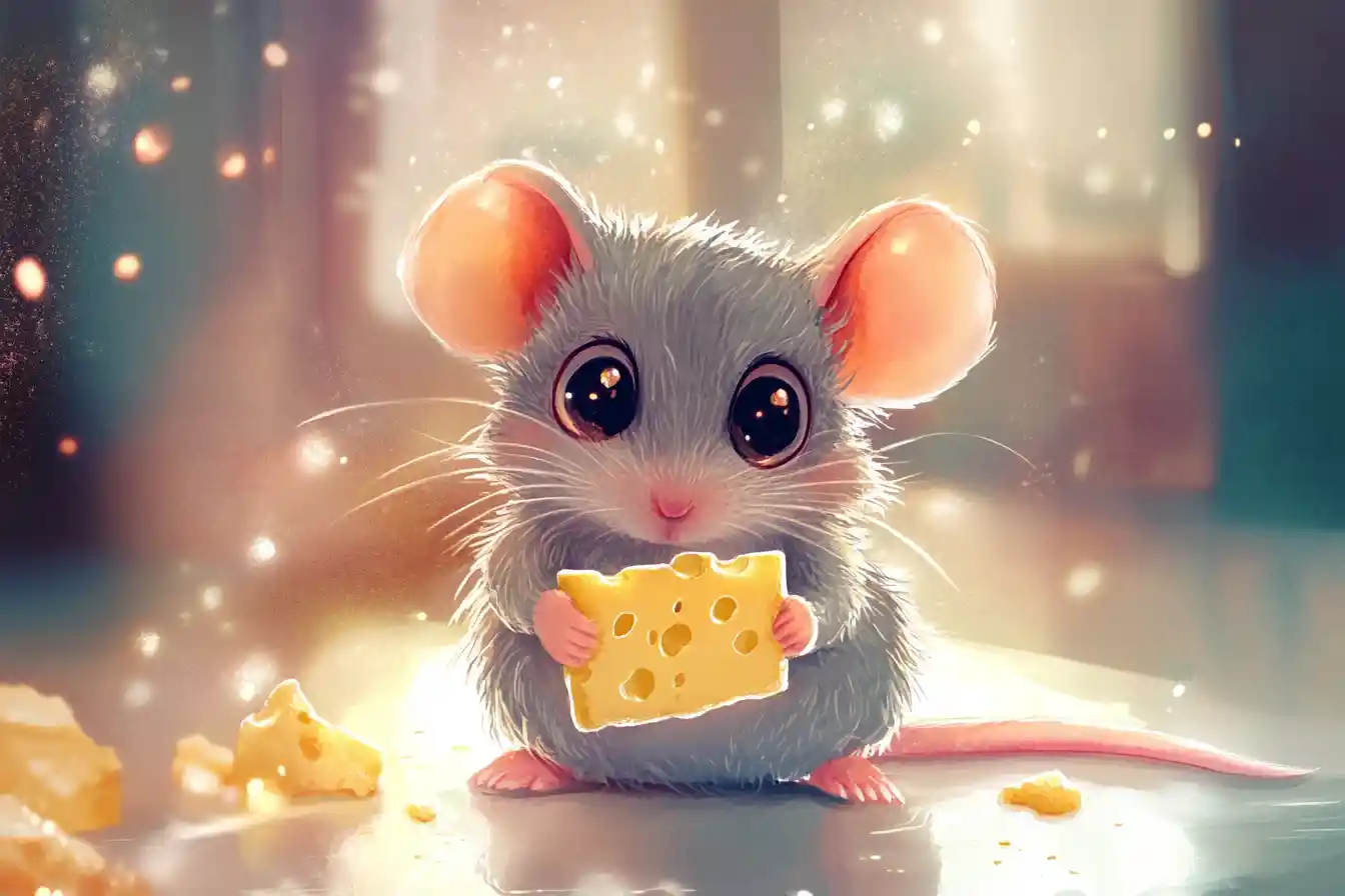 Cute watercolor mouse nibbling glowing cheese at night