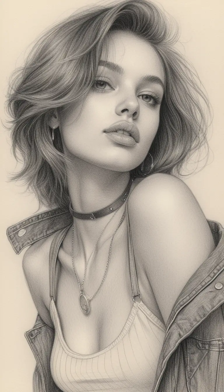 Portrait sensuel au graphite d’une jeune femme en veste en jean