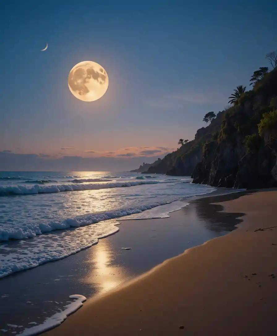 Moonlit beach with gentle waves and rocky cliffs