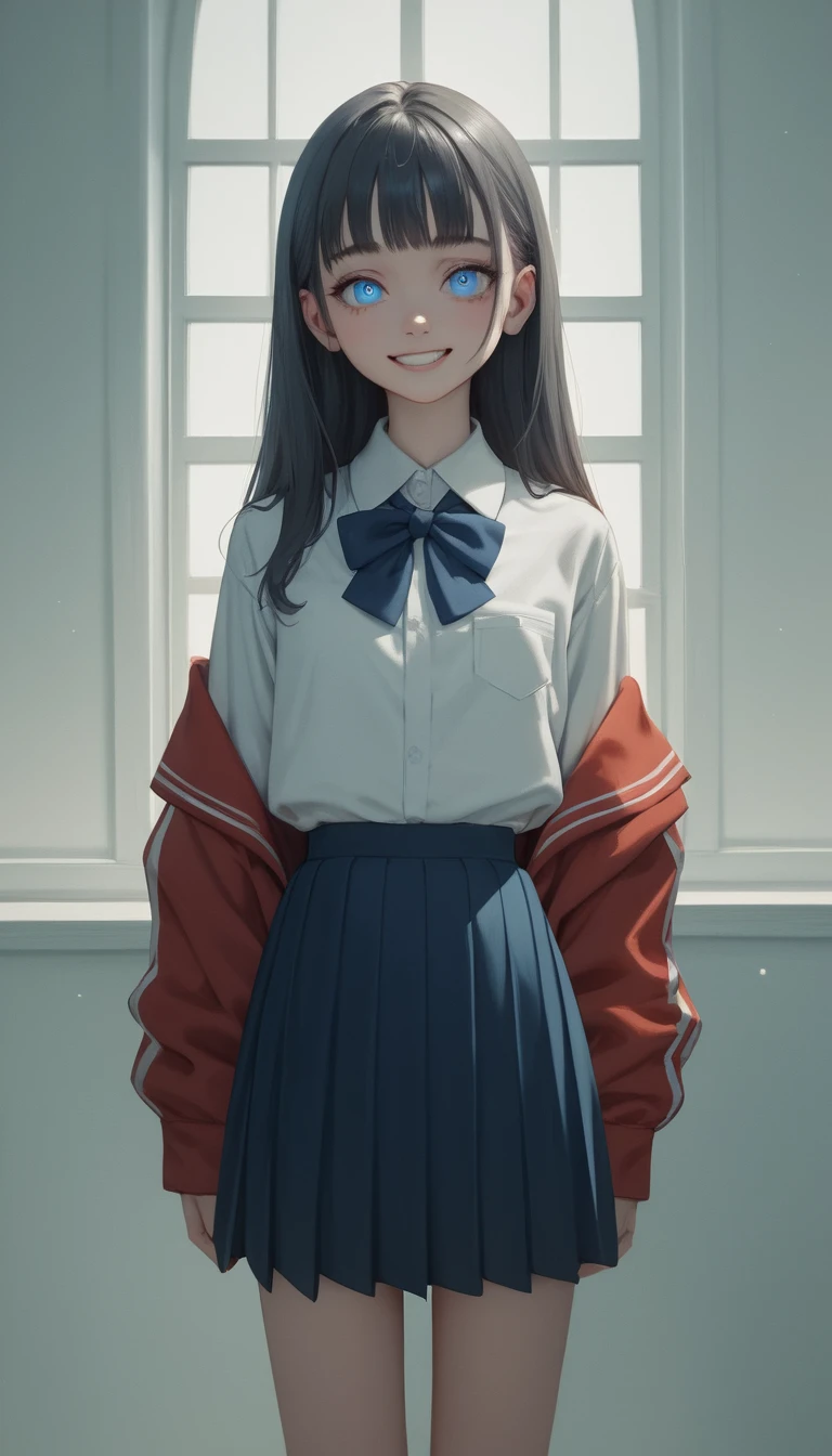 Close up of happy anime schoolgirl in classroom