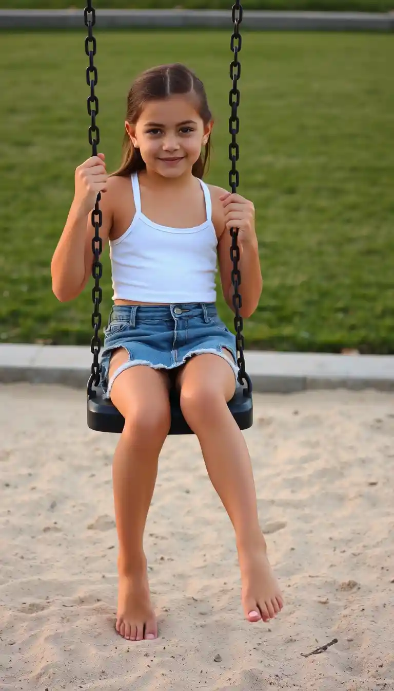 Junges Mädchen sitzt auf einer Schaukel auf einem ruhigen Spielplatz