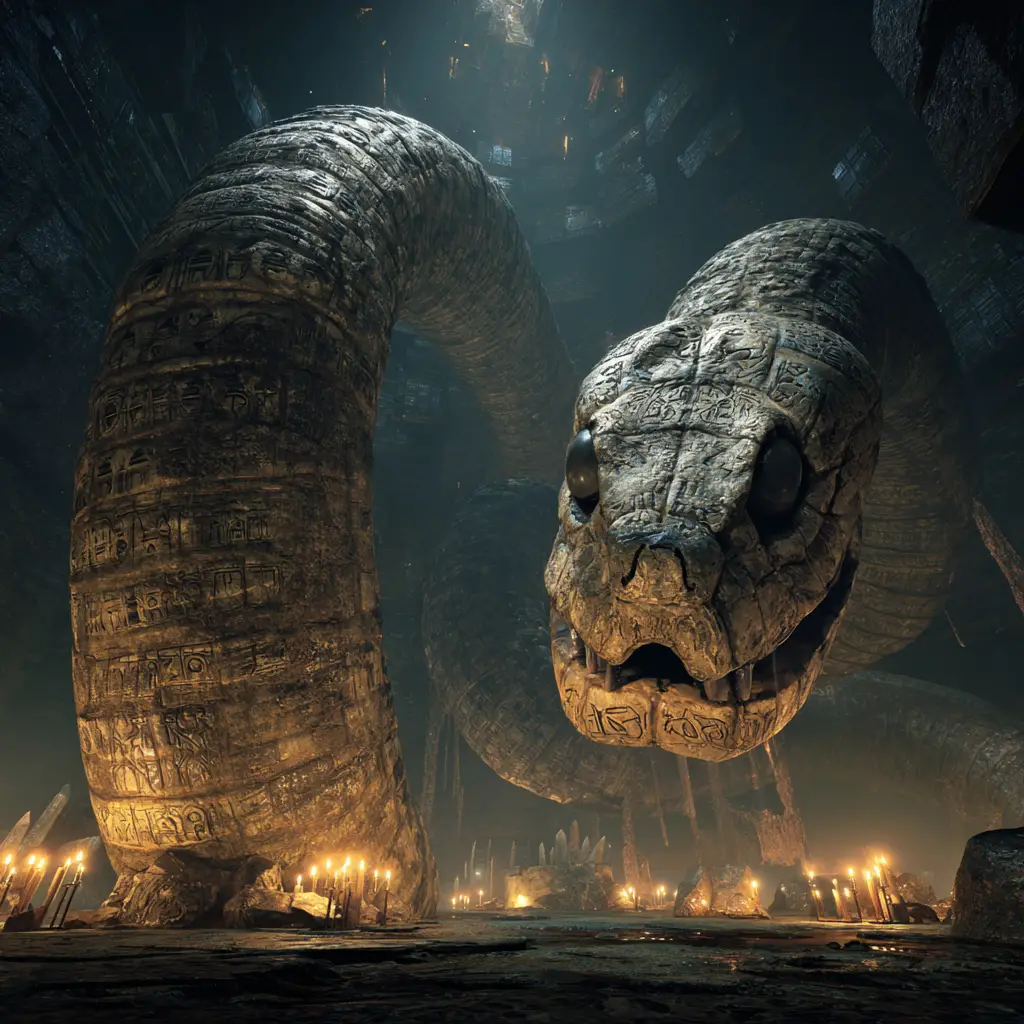 Titanic serpent skeletons coiled in a glowing cavern
