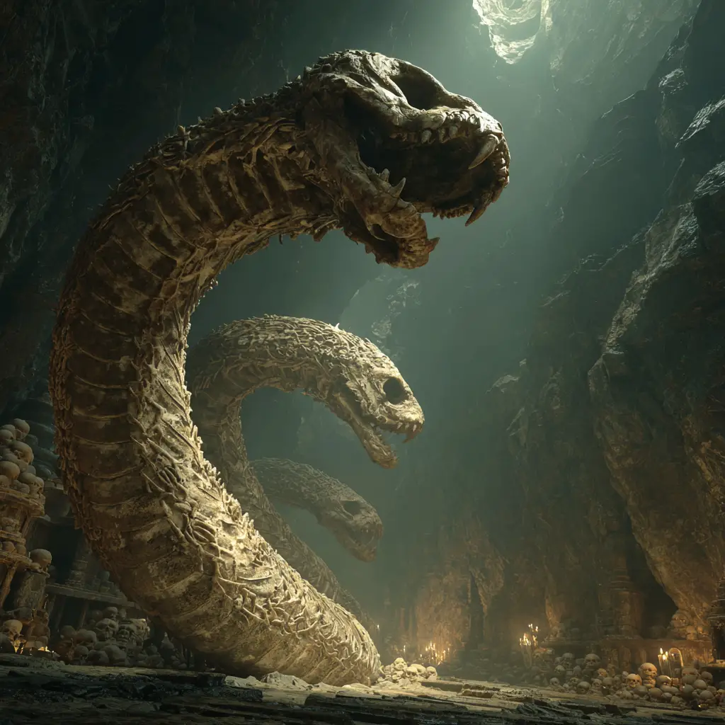 Colossal serpent skeletons entwined in a glowing cavern