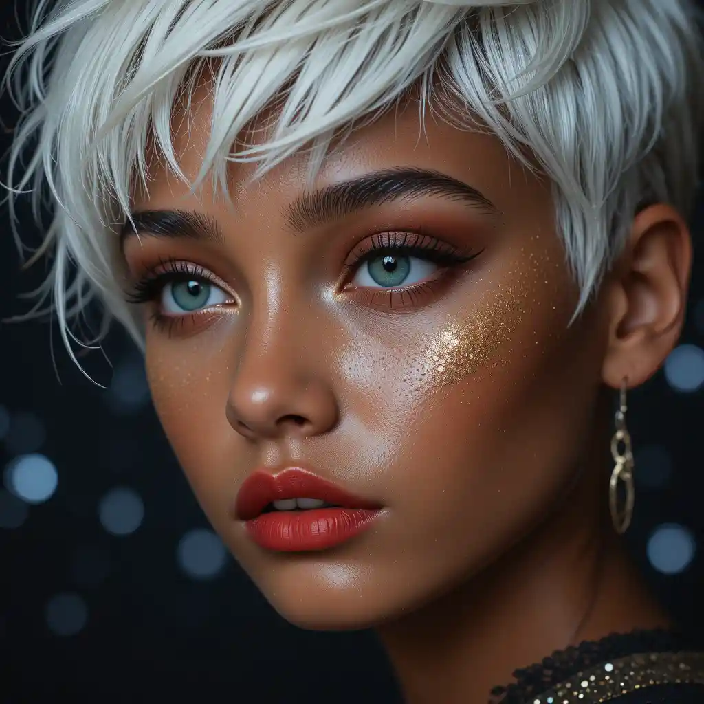 Thoughtful teenage girl with glitter freckles and green eyes