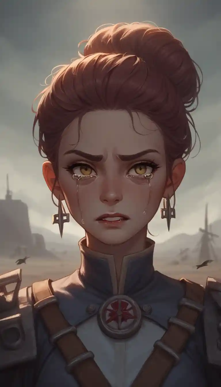 Crying anime girl in a barren sunset wasteland