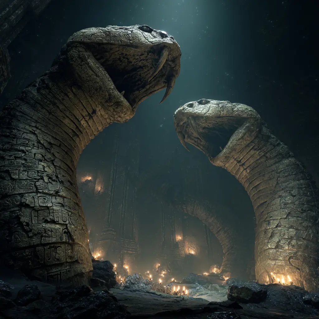 Gigantic Cobra Skeletons Coiled In A Dark Underground Cave