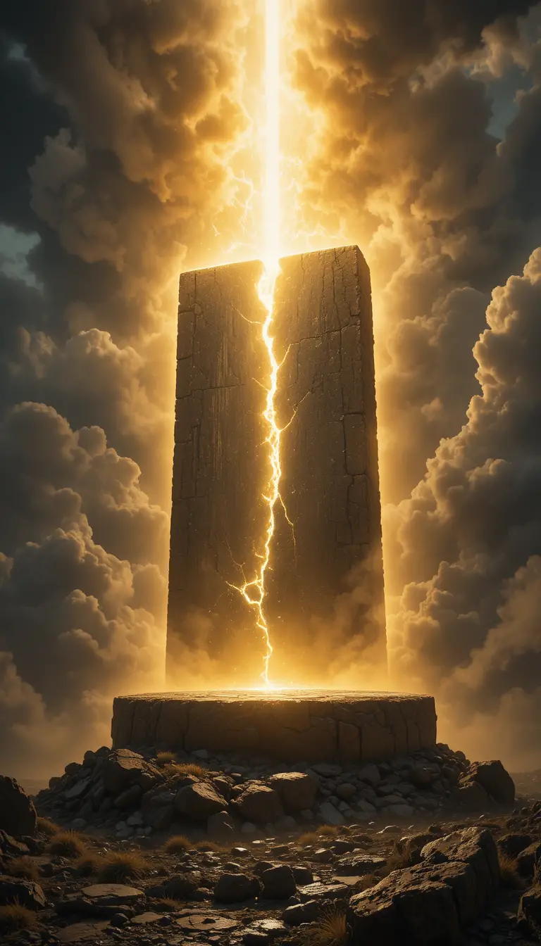 Ancient stone tablet splitting under radiant divine light