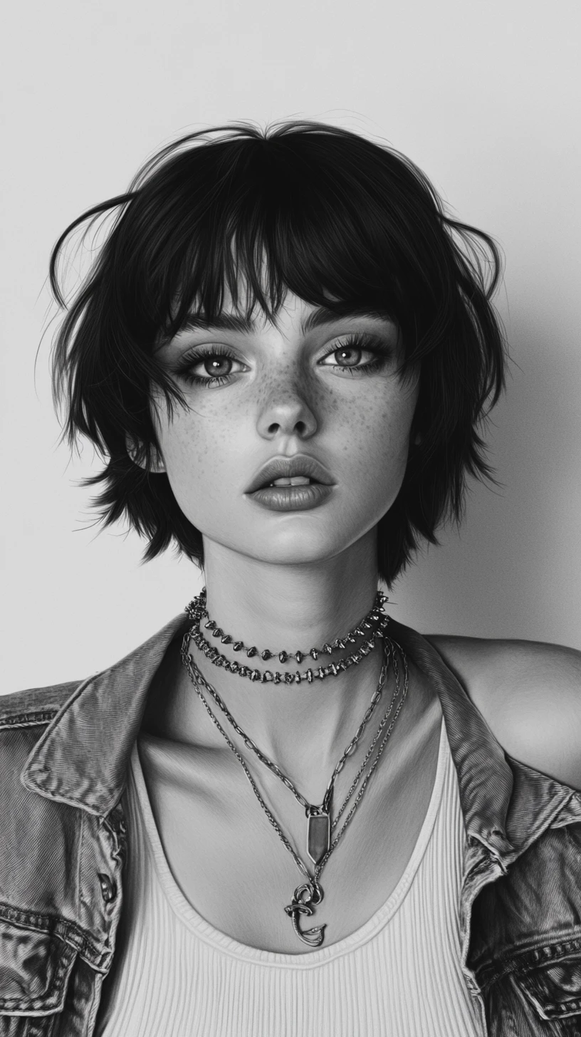 Portrait au graphite d’une femme glamour à la coupe carré courte