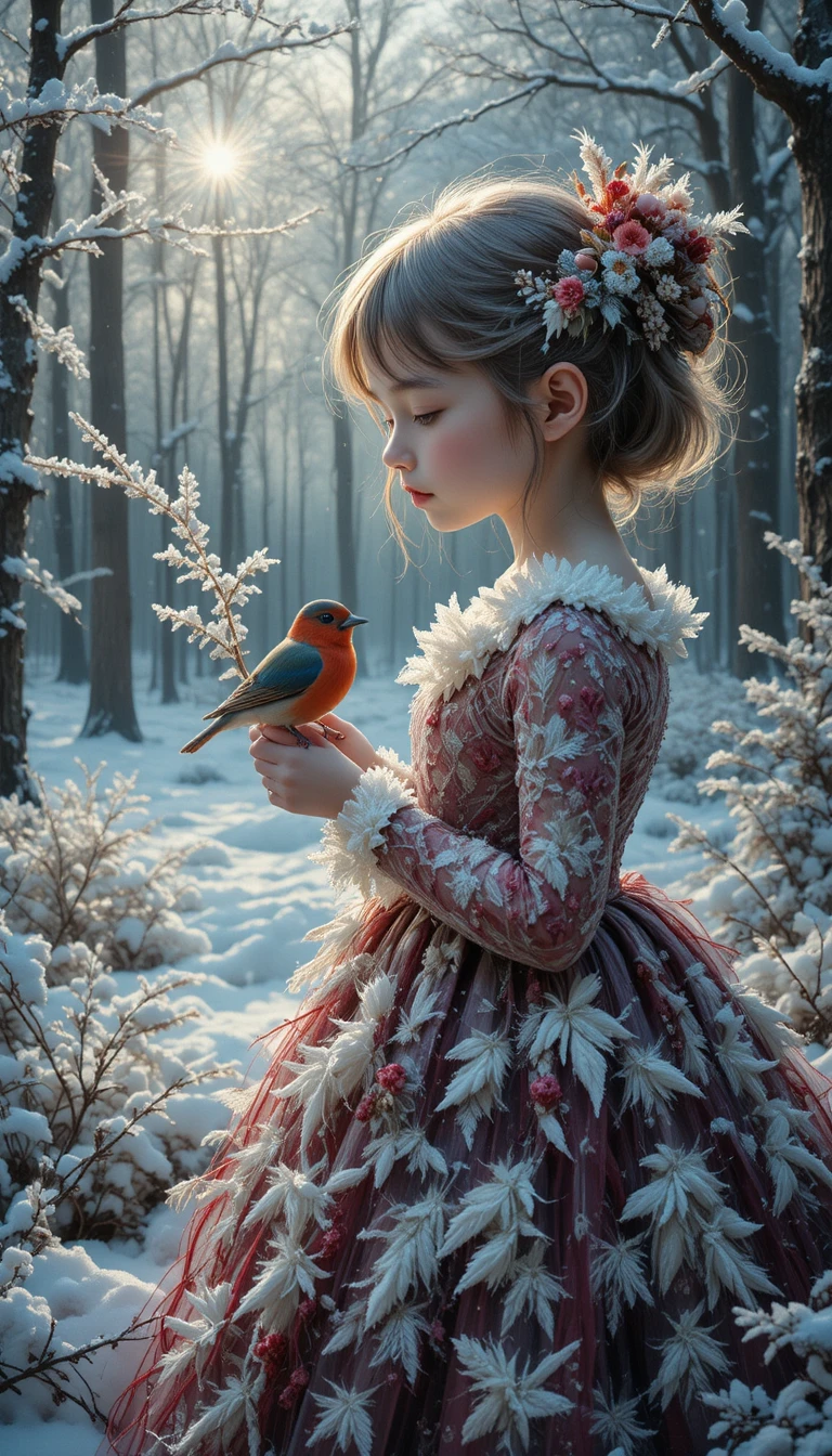 Little girl in frost feather dress holding a winter bullfinch