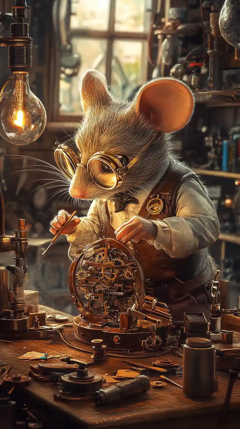 Steampunk Mouse Repairing Clockwork In Victorian Workshop