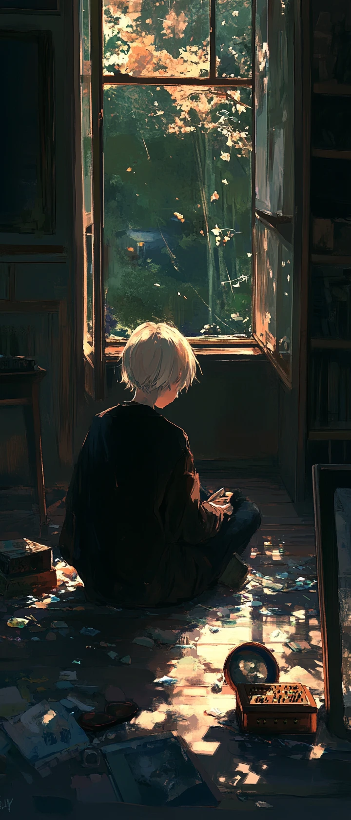 Anime girl sitting in a quiet room with broken keepsakes