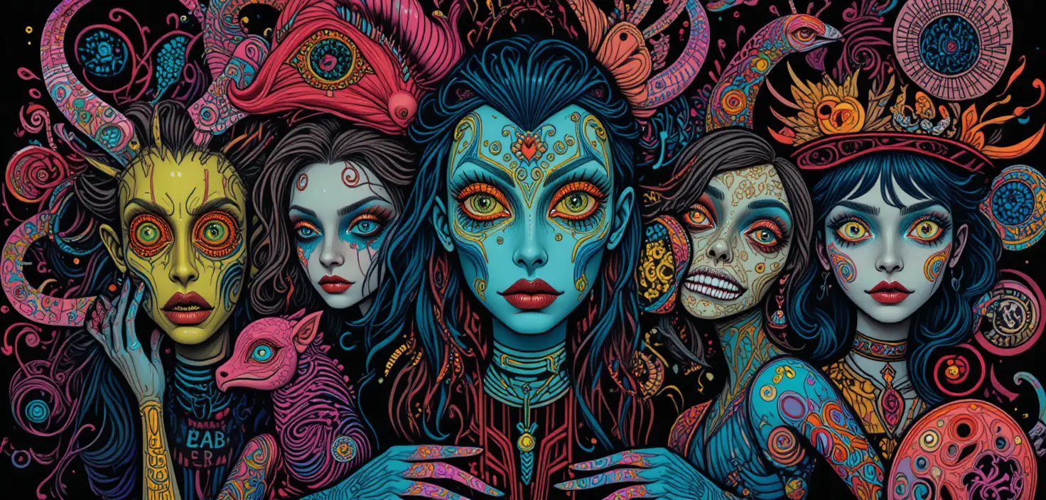 Colorful retro fantasy creatures with strange expressive faces