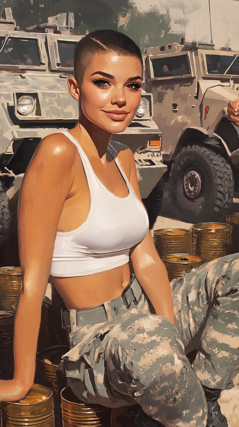 Off duty female soldier resting on ammo tins in sunlight