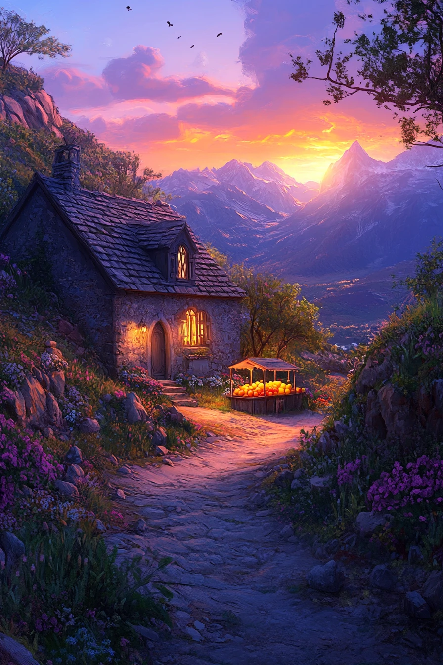 Charmant cottage de campagne avec étal de fruits au coucher du soleil