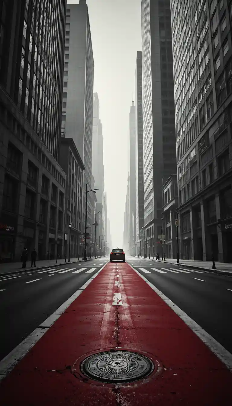 Lonely taxi on a deserted city street between tall skyscrapers