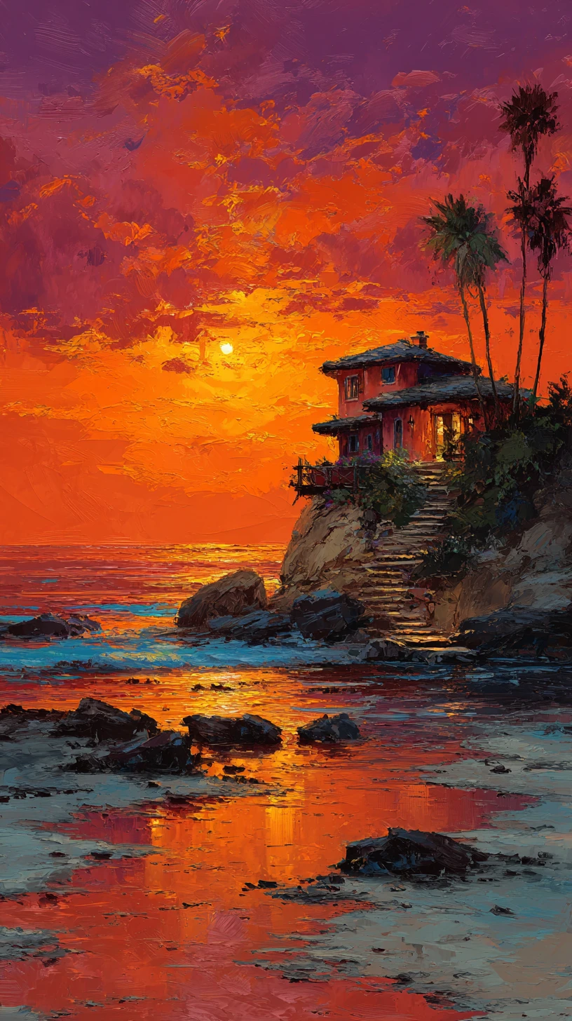 Pequena casa de praia sobre a água ao pôr do sol vibrante