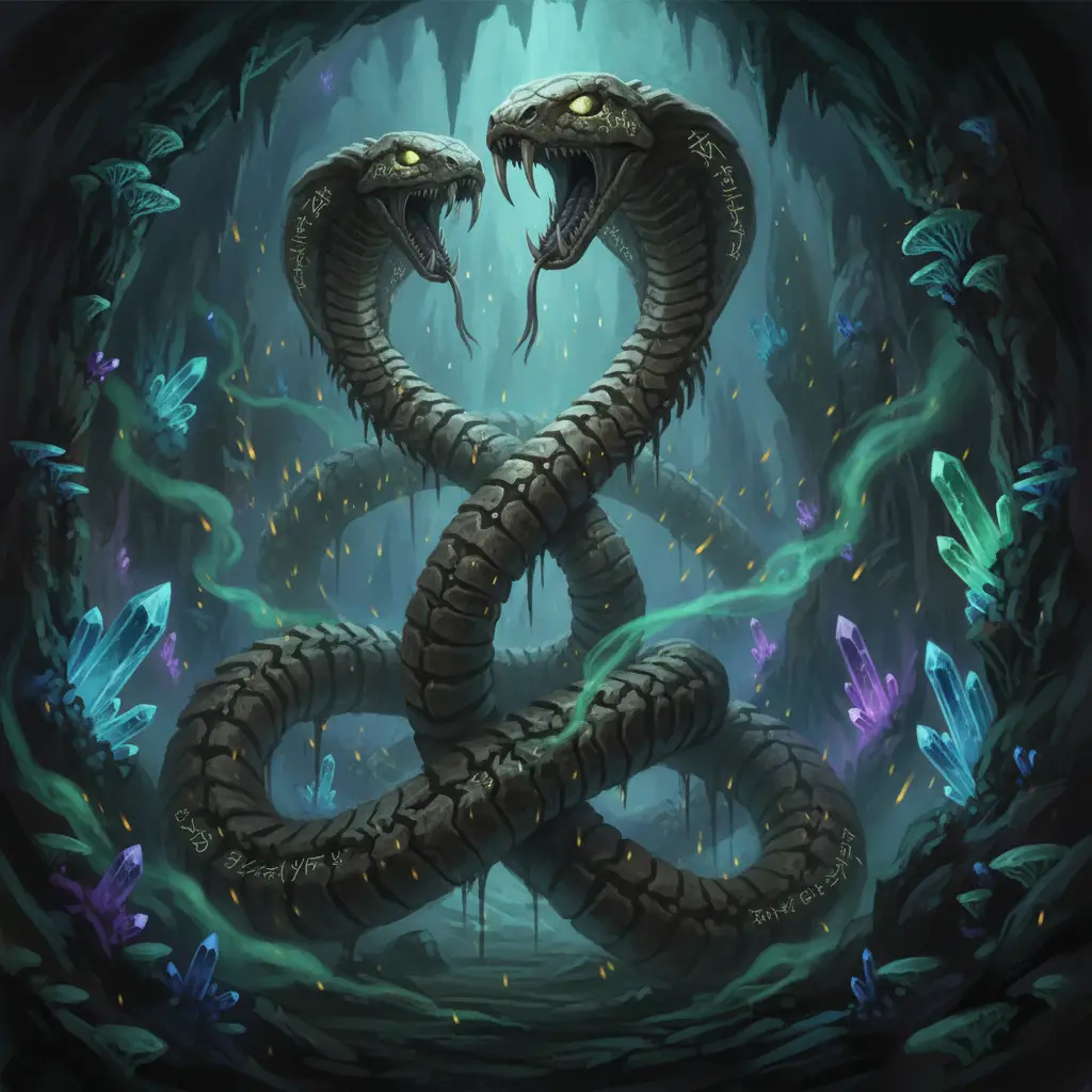 Giant cobra skeletons entwined in a glowing cavern