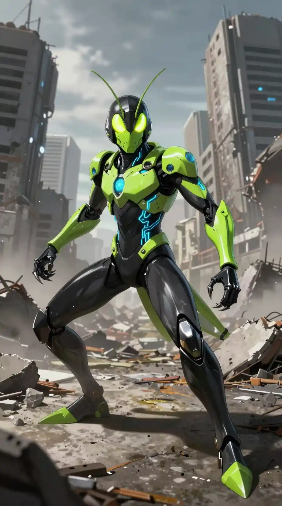 Guerreiro gafanhoto em estilo anime em uma cidade futurista arruinada