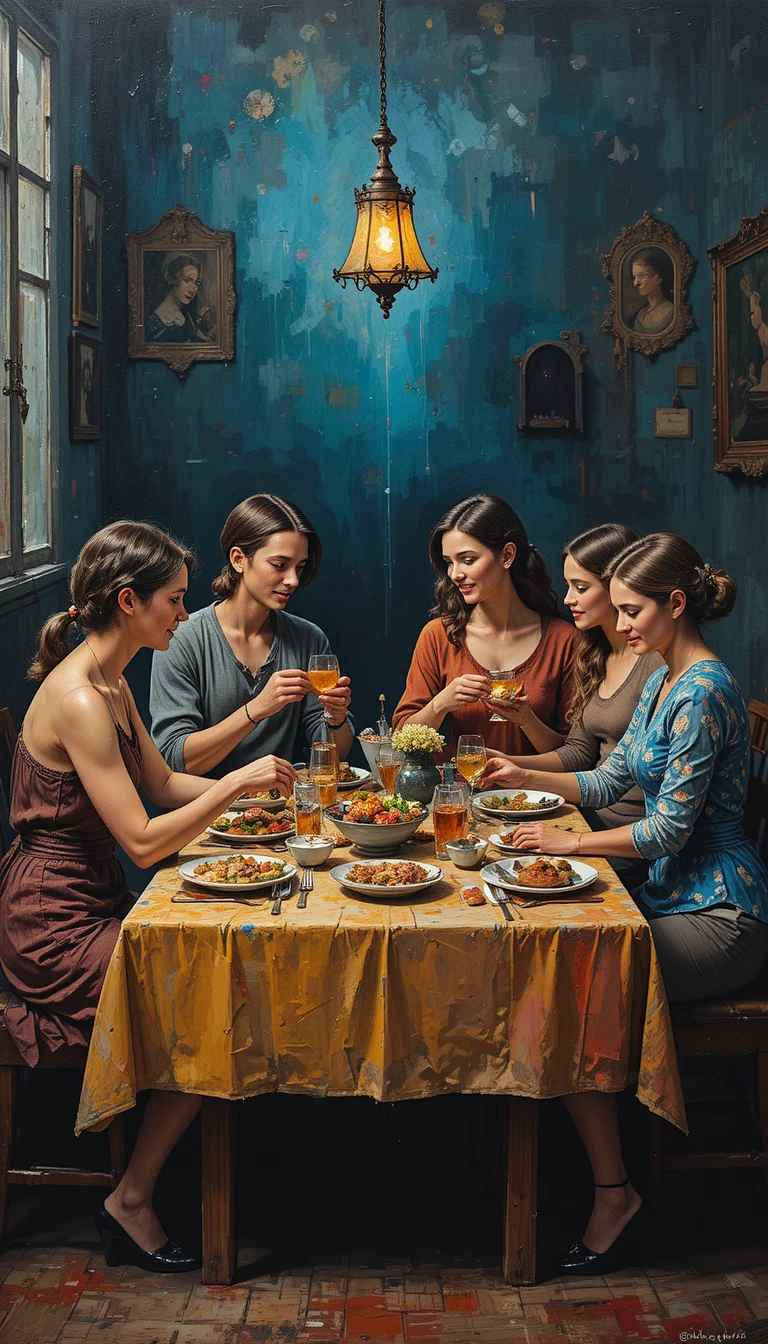 Familie teilt eine bescheidene heilige Mahlzeit an einem einfachen Tisch
