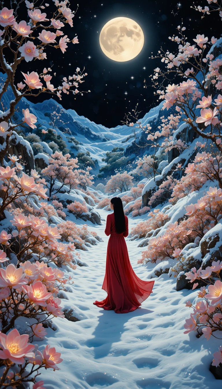 Frau im roten Kleid, die durch einen verschneiten chinesischen Garten geht