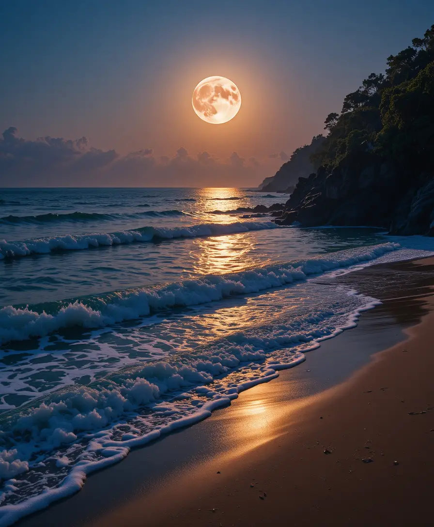 Playa a la luz de la luna con olas brillantes y acantilados rocosos