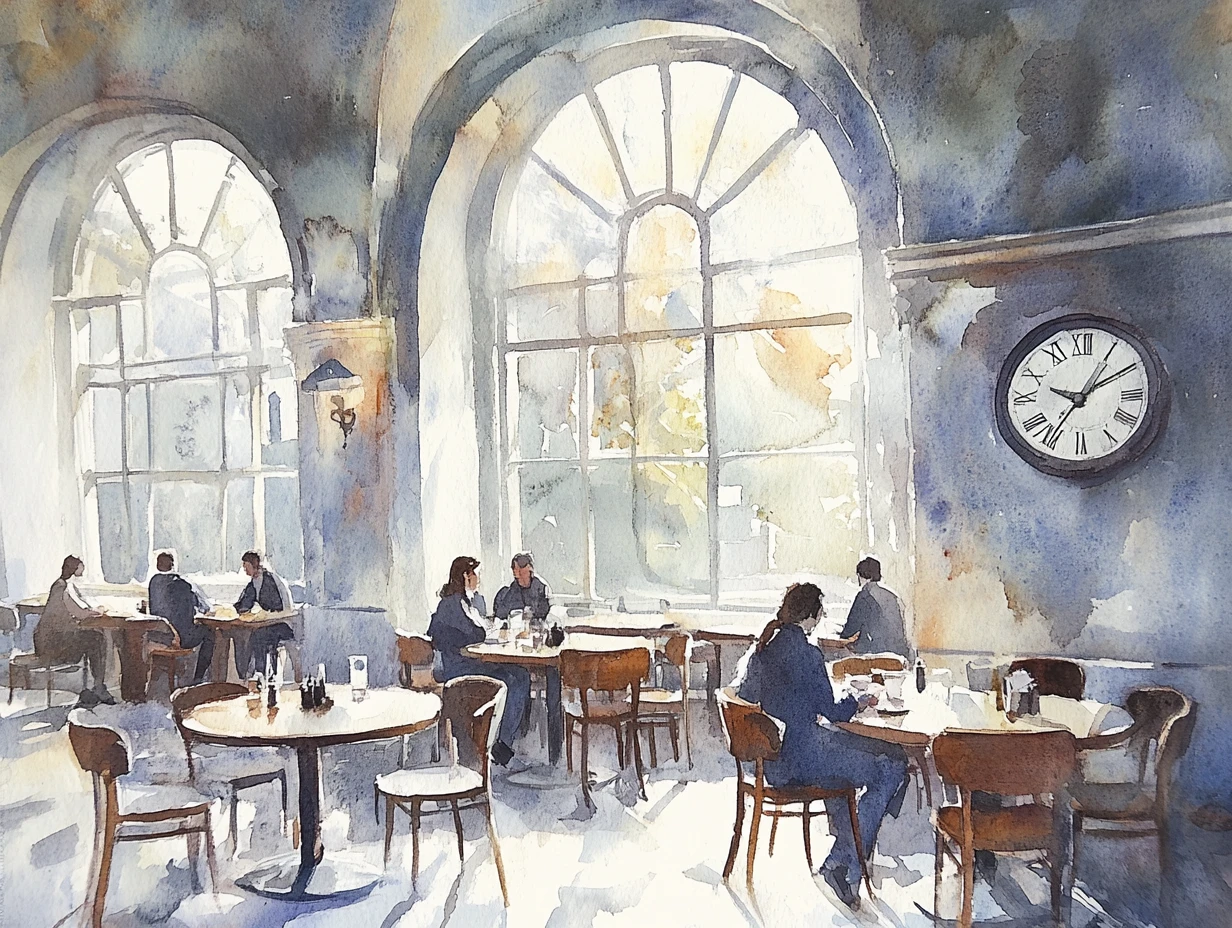 Aquarell-Café-Innenraum mit Menschen an runden Tischen