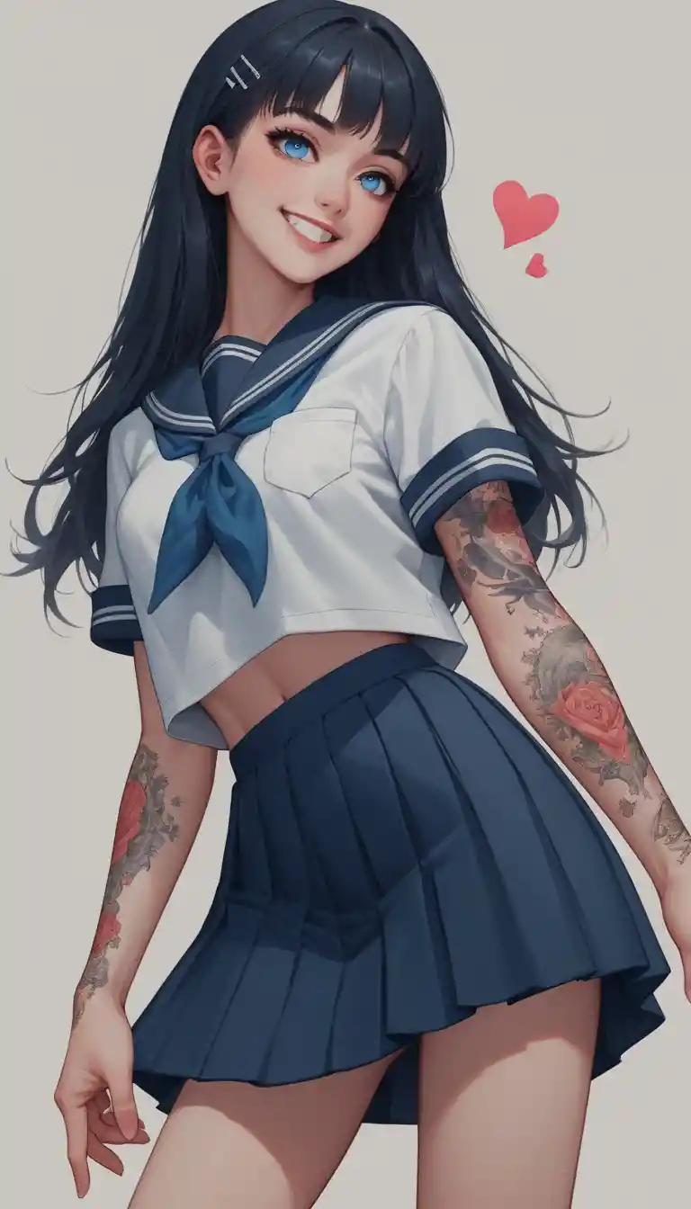 Blue eyed Japanese schoolgirl with tattoos in classroom