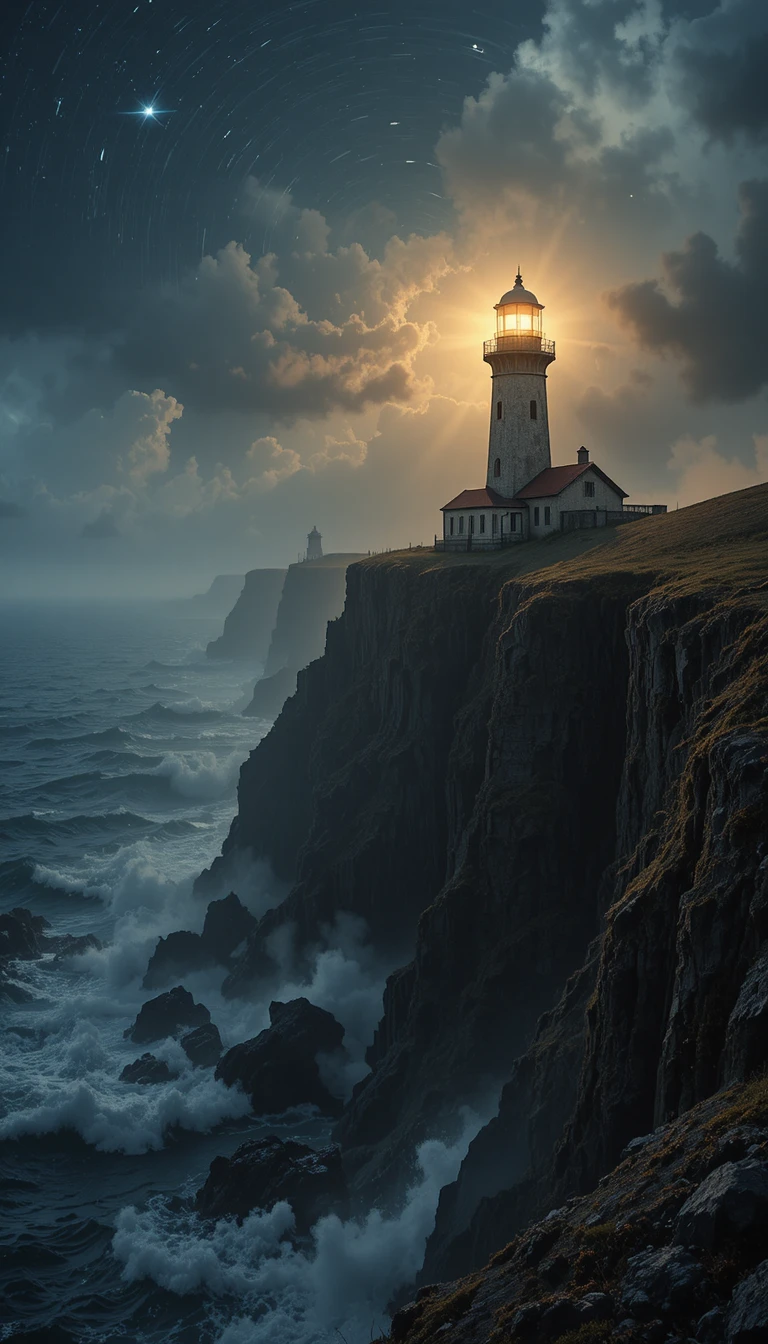 Solitario faro sopra un mare tempestoso nella notte