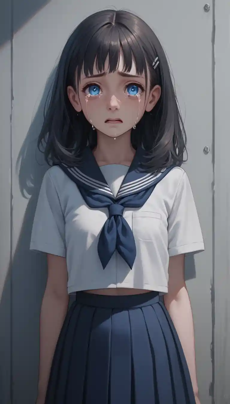 Sad Japanese schoolgirl standing alone in classroom