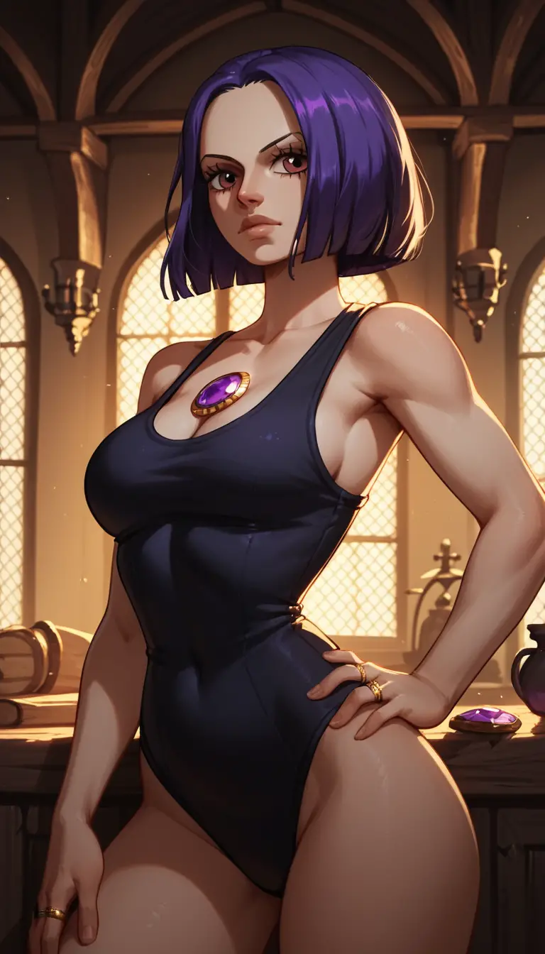 Anime girl in black swimsuit in a cozy medieval room